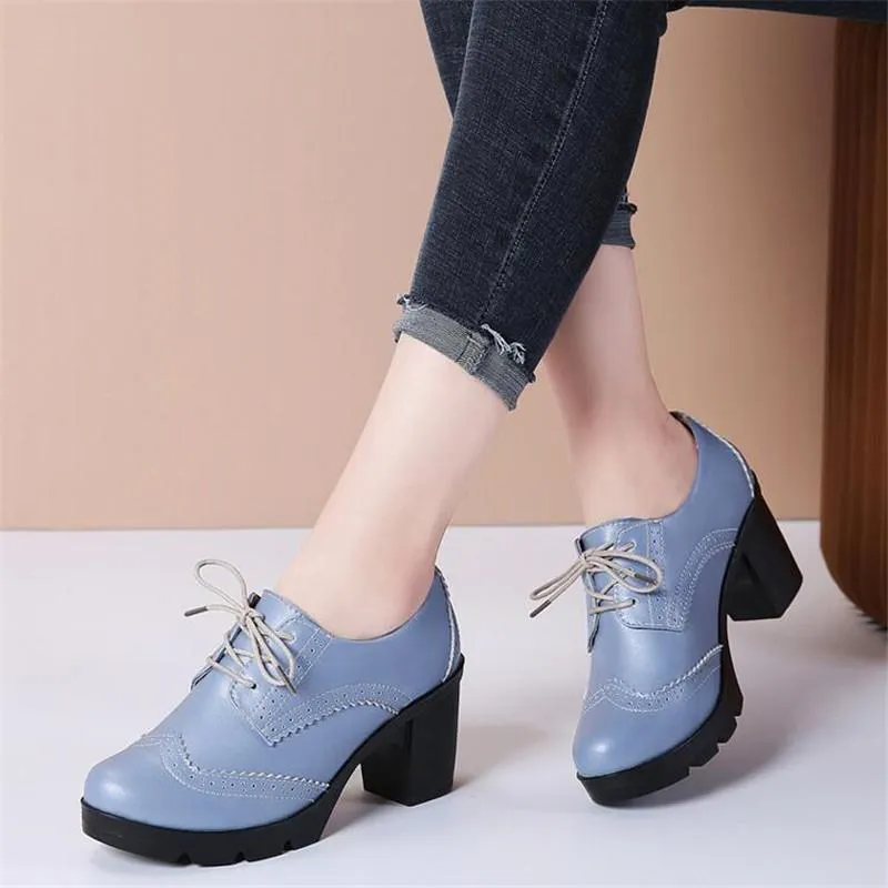 Kleid Schuhe 2021 Vintage Lace Up Frauen Pumps Ausgeschnitten Oxford Chunky Heel Echtes Leder High Heels Dame Britischen Stil Stiefeletten