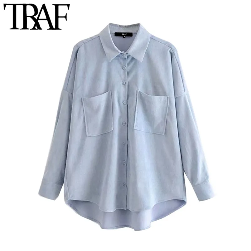 TRAF Women Fashion Pockets Oversized Button-up Corduroy Shirts Vintage Long Sleeve Asymmetric Loose Female Blouses Chic Tops 210415