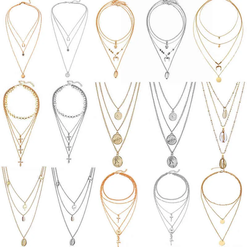 Frauen Vintage Münze Shell Stern Anhänger Halskette 2020 Bohemian Überzug Gold Silber Farbe Layered Mond Choker Halskette Party Geschenk G1206