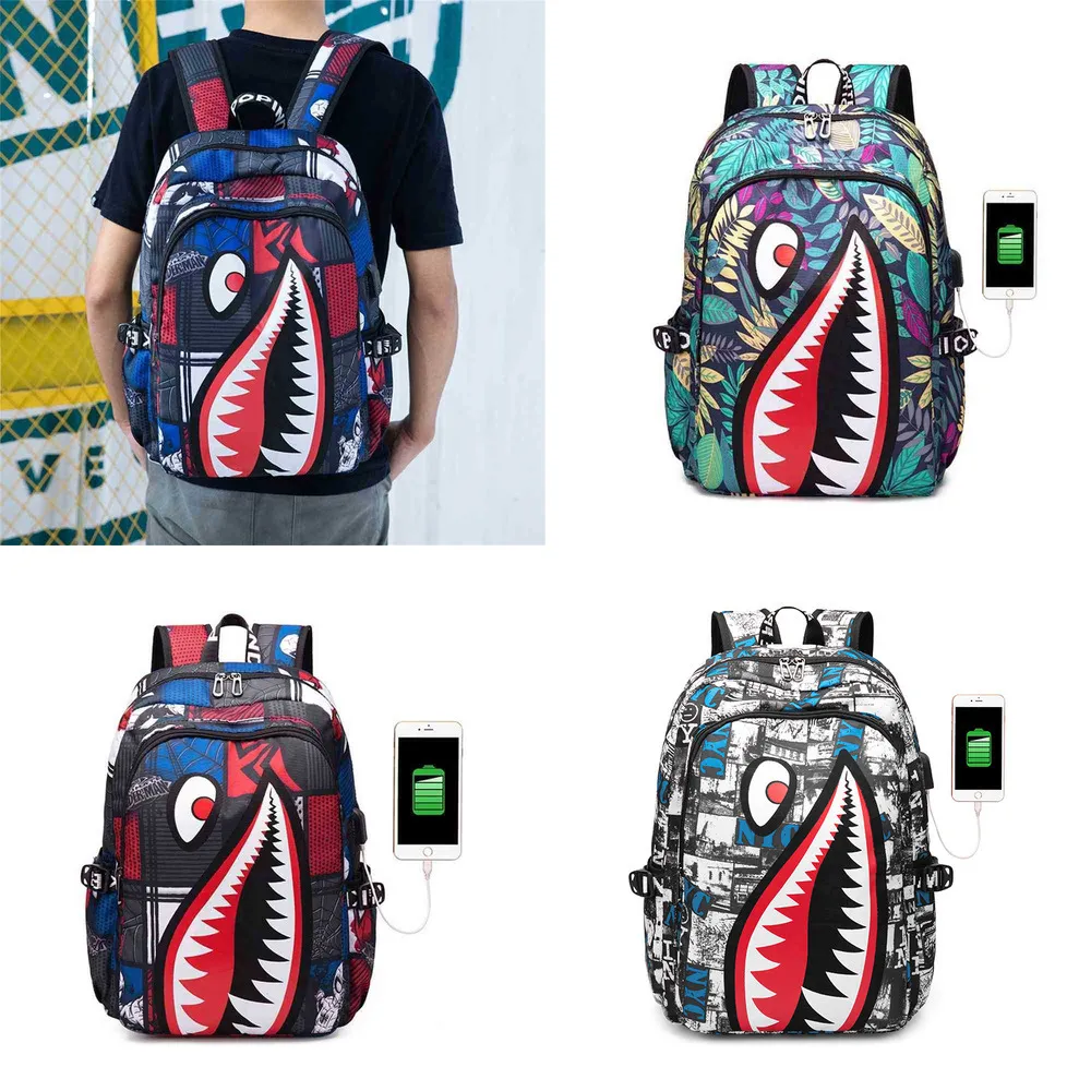 20-35L USB Laddningshamn Ryggsäckar Unisex Cartoon Shark Axelväska Studenter SchoolBag Bokpaket Junior High School Bags Sport Travel Tote G81hnox