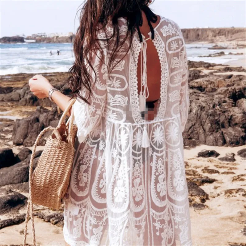 Coberturações de bordado para mulheres túnicas encoberto de praia para cima vestido sólido blusa beachwear lace fishnet bikini wrap encobreiro branco