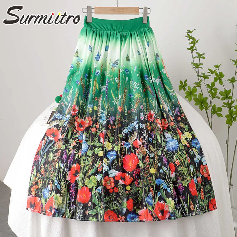 SURMIITRO Mode Sommer Midi Langen Rock Frauen Koreanischen Stil Grün Blumendruck Mid-Länge Hohe Taille Rock Weibliche 210712