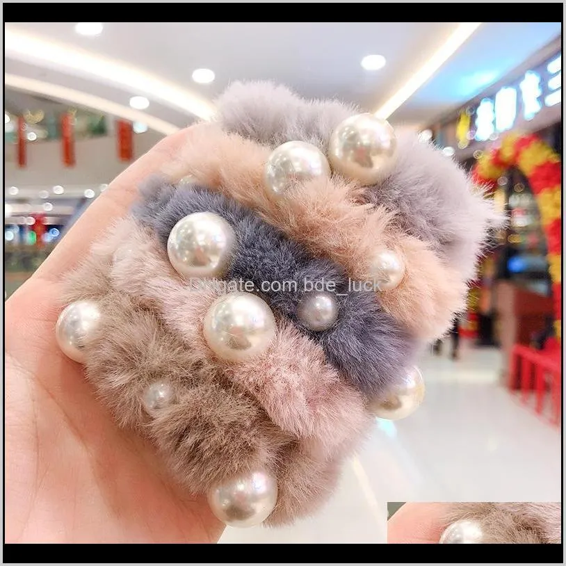 Winter Children Cute Colors Faux Fur Pearl Elastic Hair Bands Girls Sweet Soft Scrunchies Rubber Bands Kids Hair Accessories