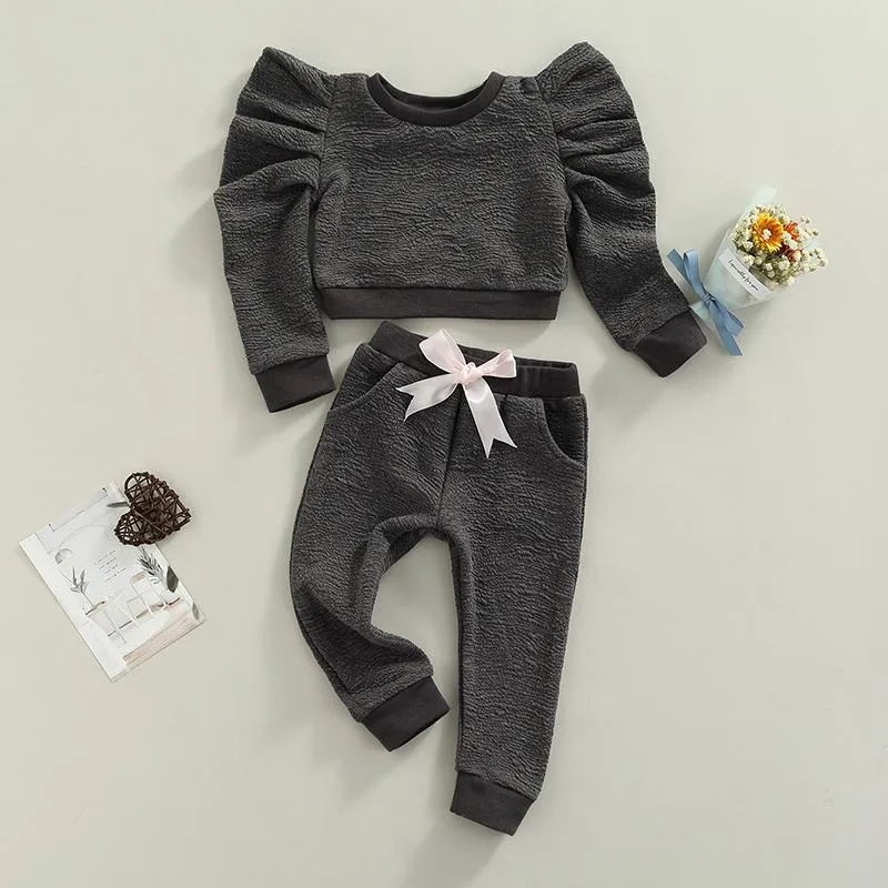 Clothing Sets 2022 Winter Spring Kids Girls Clothes Set Toddler Baby Puff Long Sleeve Tops Sweatshirts+Bowknot Pants 2PCS