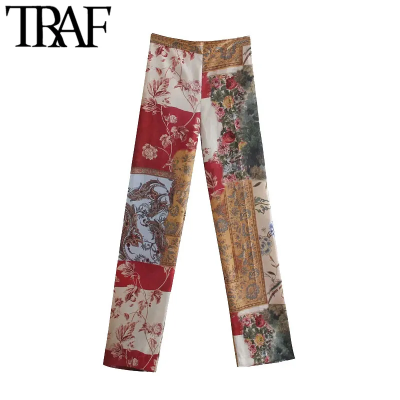 TRAF Women Chic Fashion Patchwork Print Wide-leg Pants Vintage High Waist Side Pockets Female Trousers Mujer 210415