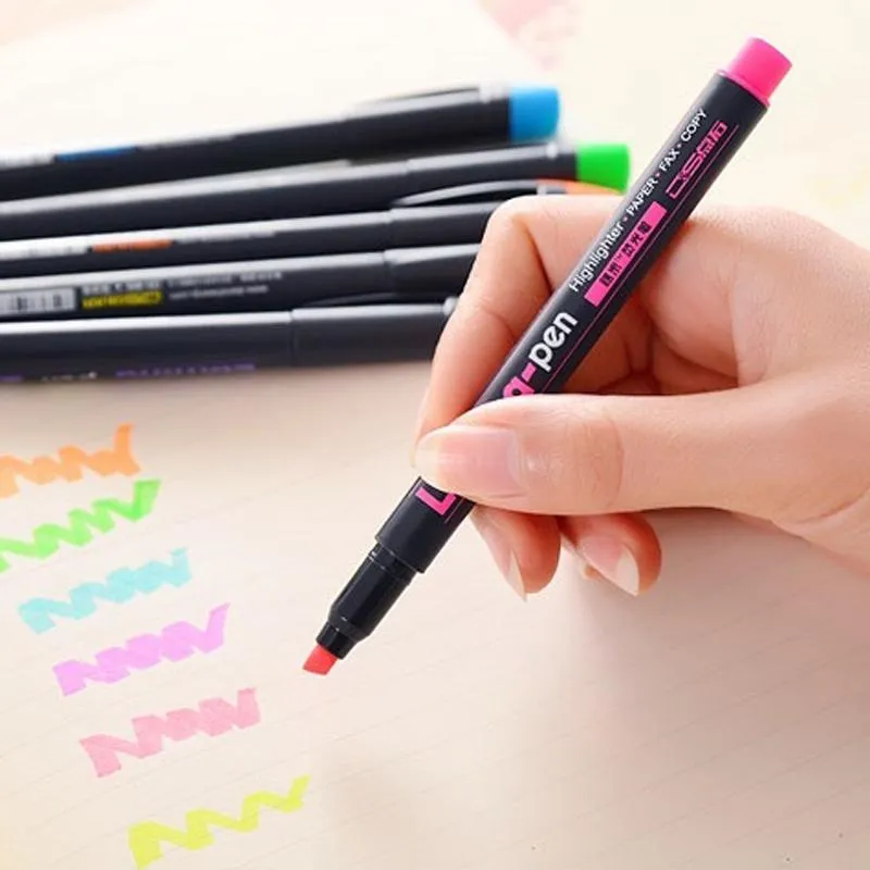 Highlighters 6 Färger Lumina Pennor Highlighter för papperskopia Fax DIY Drawing Marker Pen Stationery Office Material School Supplies 6Colors