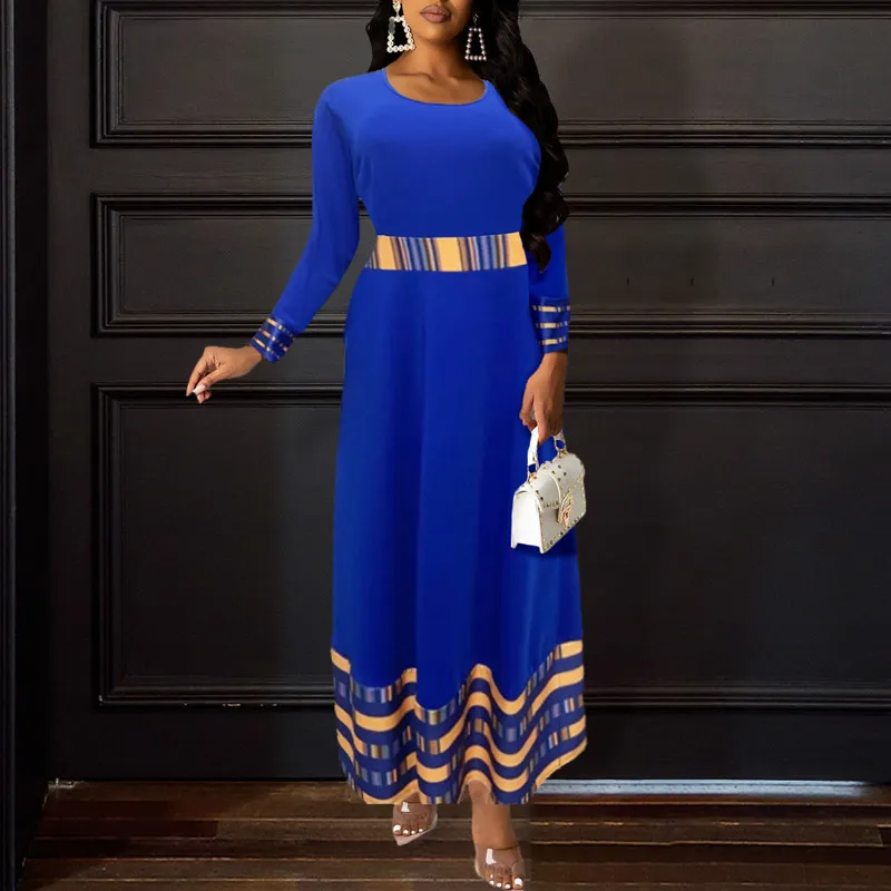 Women Blue Maxi Dresses Sleeves O Neck Long Patchwork High Waist Printed African Fashion Plus Size Contrast Color Vestidos 210416