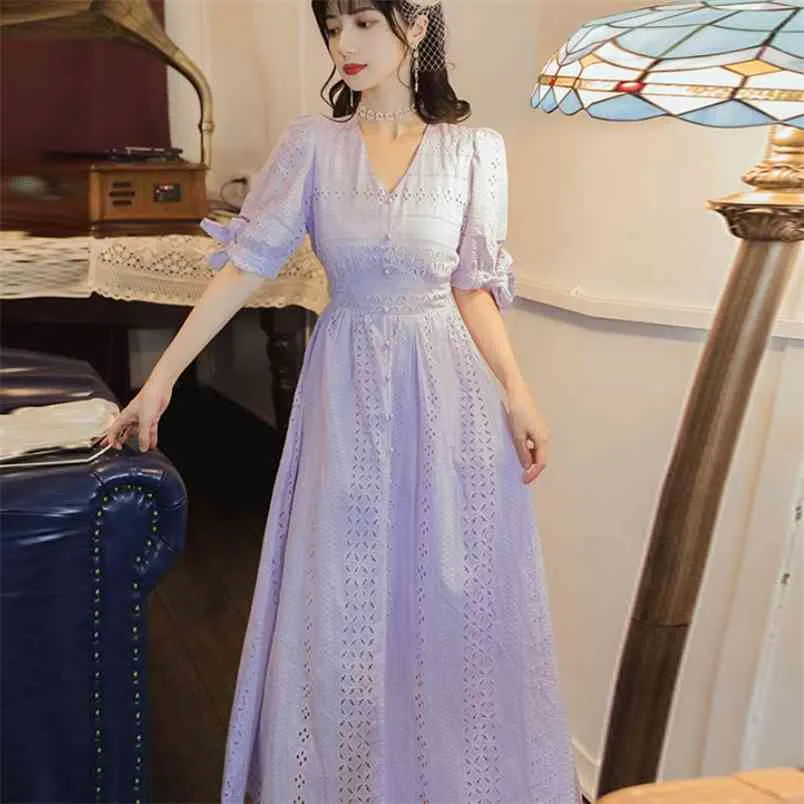 Summer Women Purple Embroidery Cotton Midi Dress V Neck Short Sleeve Zipper  Closure