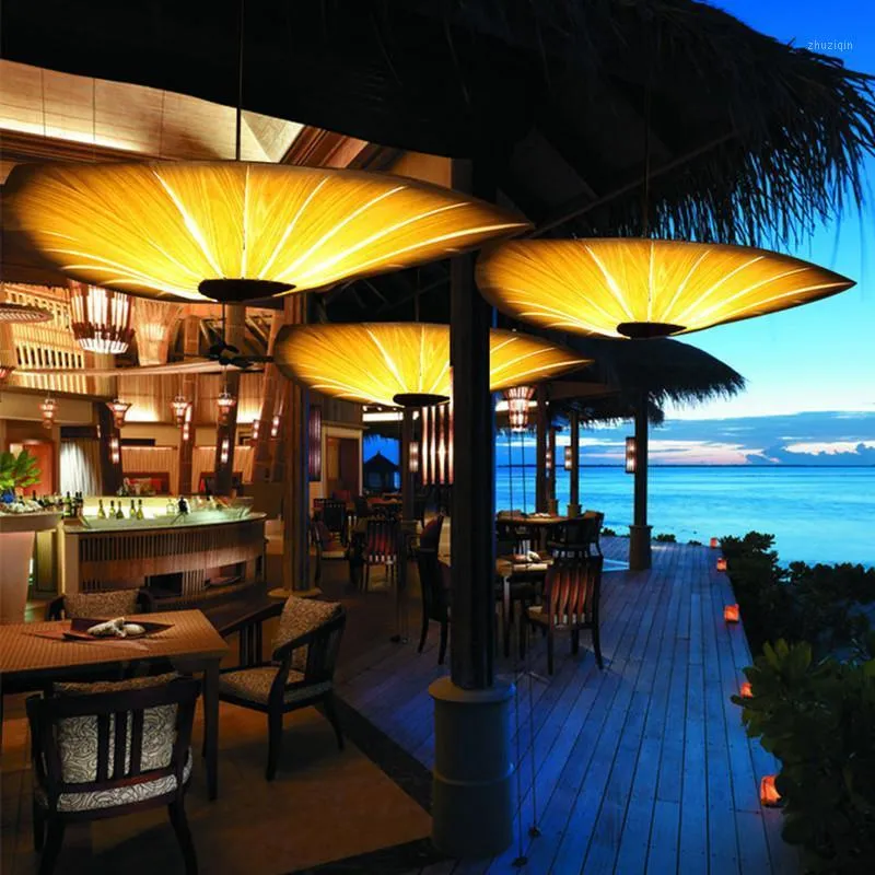 Lâmpadas pendentes estilo chinês folheado de madeira bambu sala de estar luzes restaurante lâmpada Jantar