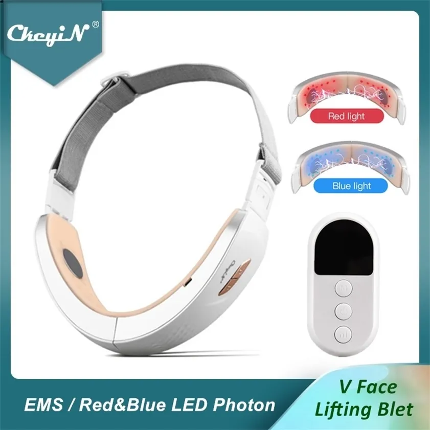 CkeyiN Chin V-Line Up Lift Belt Machine Blue LED Pon Therapy EMS Face Lifting Slimming Vibration Massager Double Reducer 220216