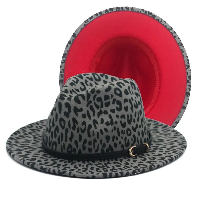 LeoPard Print Print Fedora Hat с красным нижним женским женщинам лоскутное шляпы мужчины джаз Panama Cap человек женщина широкий Brim Caps Mens Trilby осень зима мода аксессуары оптом