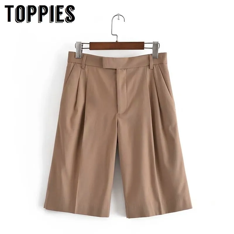 Toppies nouveau pantalon moyen décontracté femmes kaki costume doux genou longueur pantalon 210412