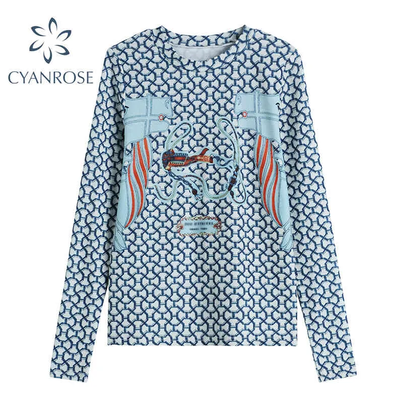 長袖Tシャツの女性の幾何学的な文字プリントレトロなスリムクルーネック新しいティーレディースファッション原宿Y 2 Kフィットトップス210417
