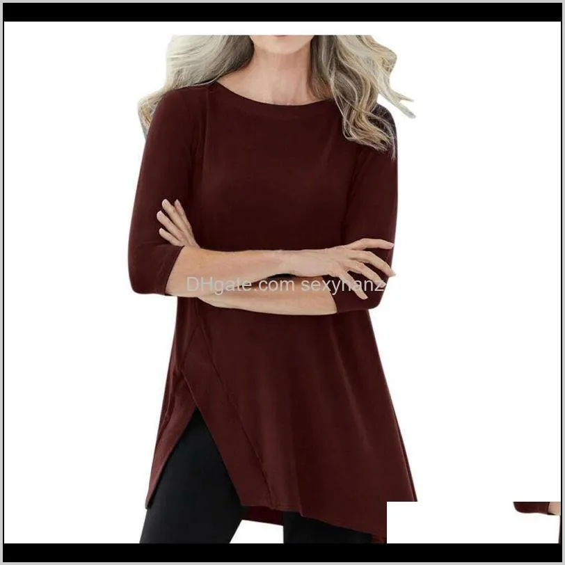 plus size women`s loose crew neck 3/4 sleeve t-shirts solid casual long pullover jumper solid slit irregular top shirts 5xl