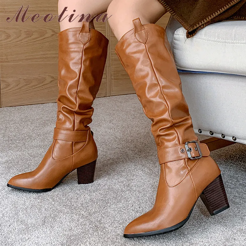 西部のブーツ女性の靴プリーツハイヒールの膝 - ハイ尖ったつま先の厚いかかとバックルレディーロングブーツ冬のサイズ210517