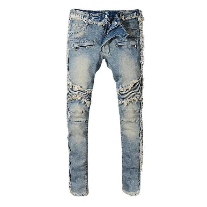 Jeans pour hommes 8818 coupe ajustée personnalisée coutures élastiques bord rugueux Harley moto équitation jeans hommes couleur ancienne