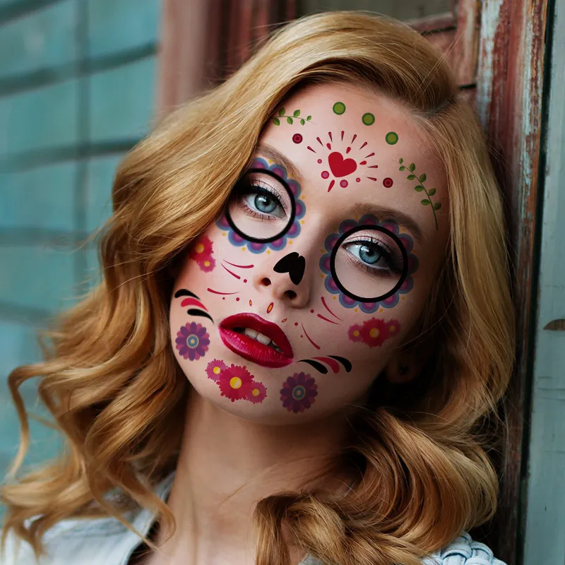 2023 Waterdicht zweet Halloween Party Supplies Masquerade grappige make -up tijdelijke sticker face tattoo stickers