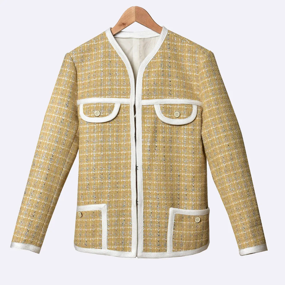 2022 primavera maniche lunghe scollo tondo giacca gialla stile francese scozzese tweed con pannelli finiture a contrasto giacche cappotti outwear 20W183088