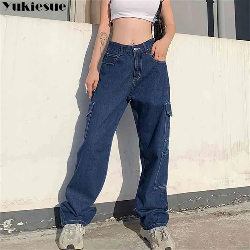 Moda Solta Jeans Casual Trabalho Calças Mulheres Hip Hop Mulher Calças de Algodão Grande Roupas de Bolso / Preto / Branco 210708