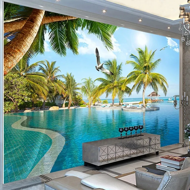 Papier peint Photo personnalisé 3D stéréo, peintures murales de paysage de bord de mer de piscine, mur de fond d'hôtel à thème de salon