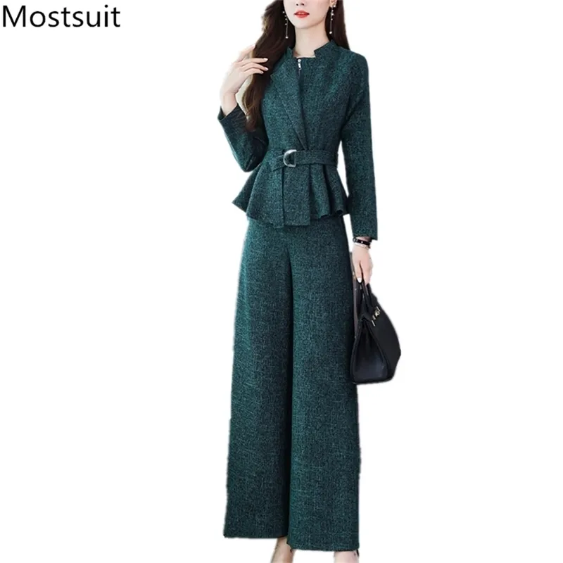 Höstkontor Elegant Två Piece Sets Outfits Kvinnor Plus Size Short Coat och Wide Ben Byxor Passar Koreanska Ladies Kvinnors 210513