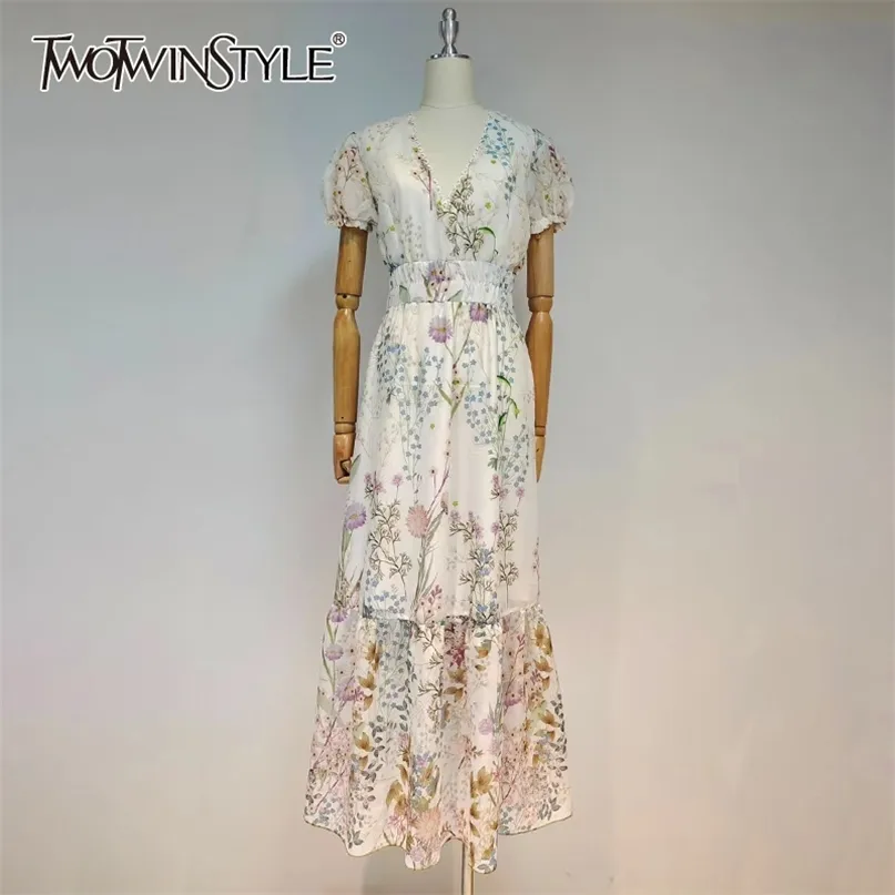 Vintage Print Dress For Women V Neck Puff Short Sleeve High Waist Tunic Midi Dresses Females Summer Fashion Stylish 210520