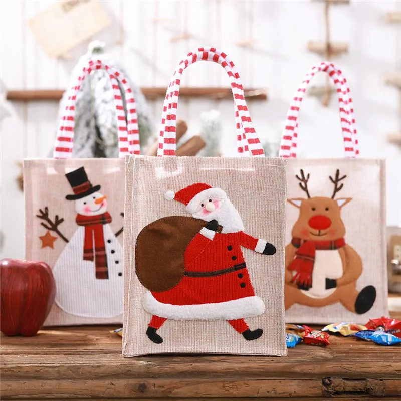 3D Doll Merry Christmas Cute Linen Embroidered Tote Bag Gift Candy Bag Holiday Packaging Christmas Decoration LX4419