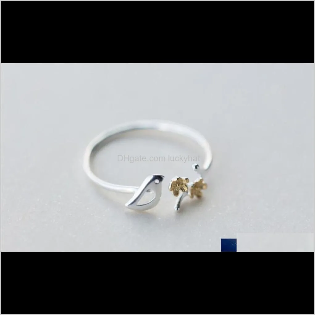sole memory cute bird branch  versa fashion 925 sterling silver female resizable opening rings sri254