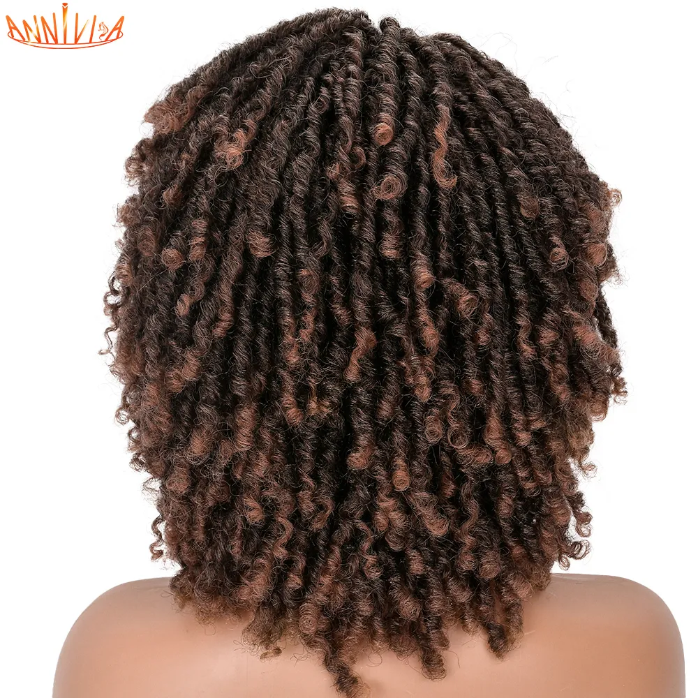 Perucas sintéticas de dreadlock curto para mulheres negras de cabelo cacheado afro com franja ombre marro