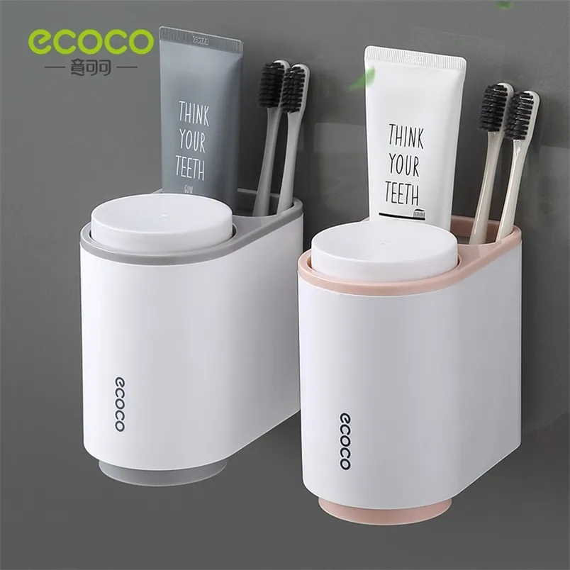 Ecoco stofdichte magneet mondwater tandenborstelhouder met cups geen nagelwand staan ​​plank badkamer accessoires sets 211130