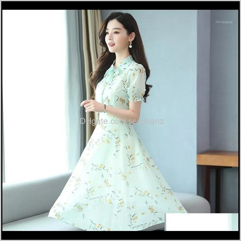 Casual Jurken Womens Kleding Apparel Drop Levering 2021 Mode Elegante Print Chiffon Sexy Midi Summer 2XL Plus Size Bloemen Vintage Baan