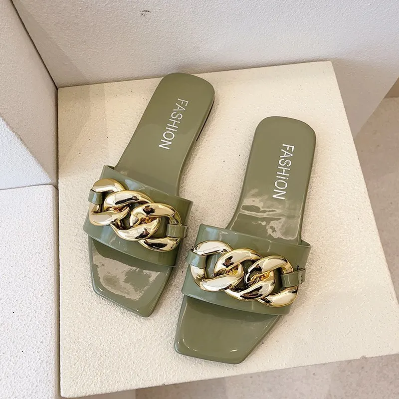 Женщины плоские тапочки 2021 Летние скольжения повседневная обувь Сканальника на сандалиях Женщины Fashoin Square Toe Slipers Colors DT4646G