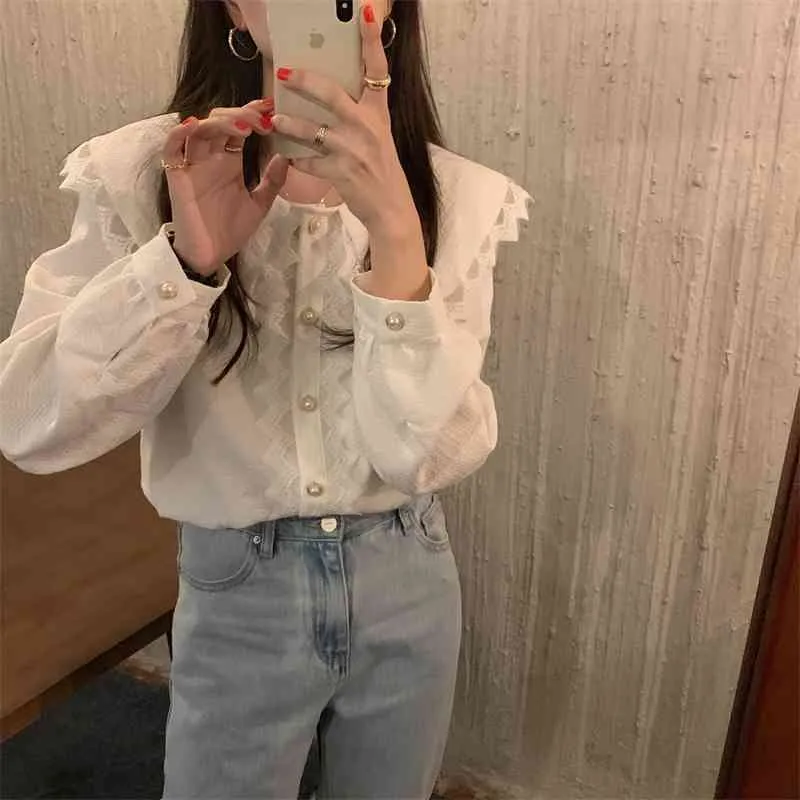 Comelsexy Blanc Lâche Sweet Peter Pan Col Elegance Office Lady Blouse Femmes Chic Chemises Dentelle Douce Femme Tops 210515