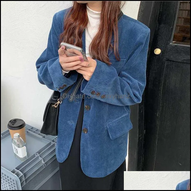 Women`s Suits & Blazers HziriP Single Breasted Retro Thick Corduroy Blazer Long Sleeve Office Lady 2021 Women Outerwear Loose Suit Jacket