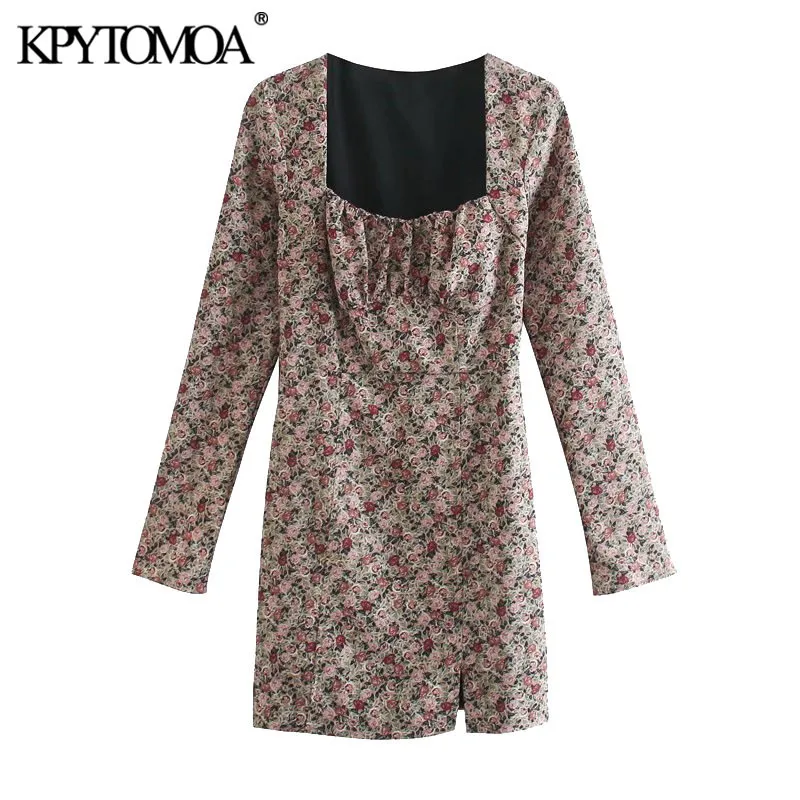 Vrouwen chique mode bloemen print geplooid mini jurk vintage vierkante kraag kant rits vrouwelijke jurken vestidos mujer 210416