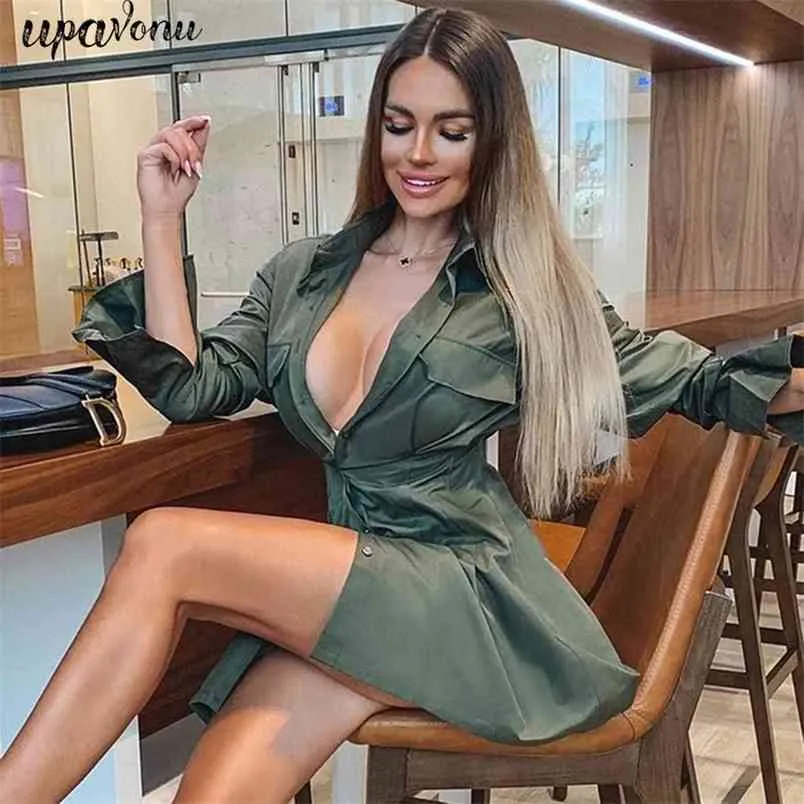 Darmowa damska zielona długa koszula sukienka sexy lapel flary tuleja pojedynczy piersi bodycon Club party vestidos 210524
