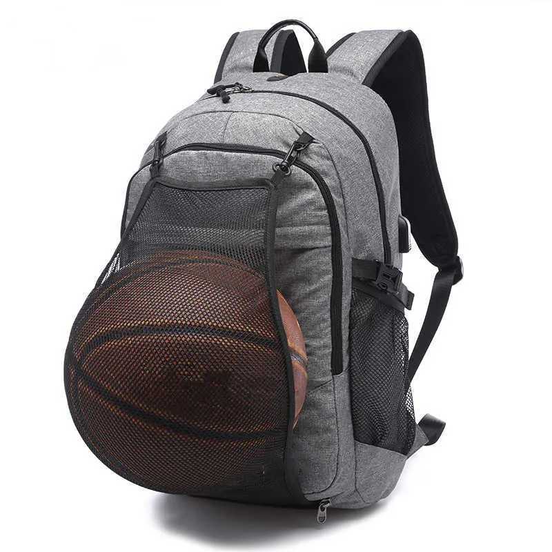 Outdoor Heren Sport Sporttas Laptop Rugzak USB Opladen Reizen Basketbal Rugzakken Met Bal Houder Tiener Voetbal Pack Y0721