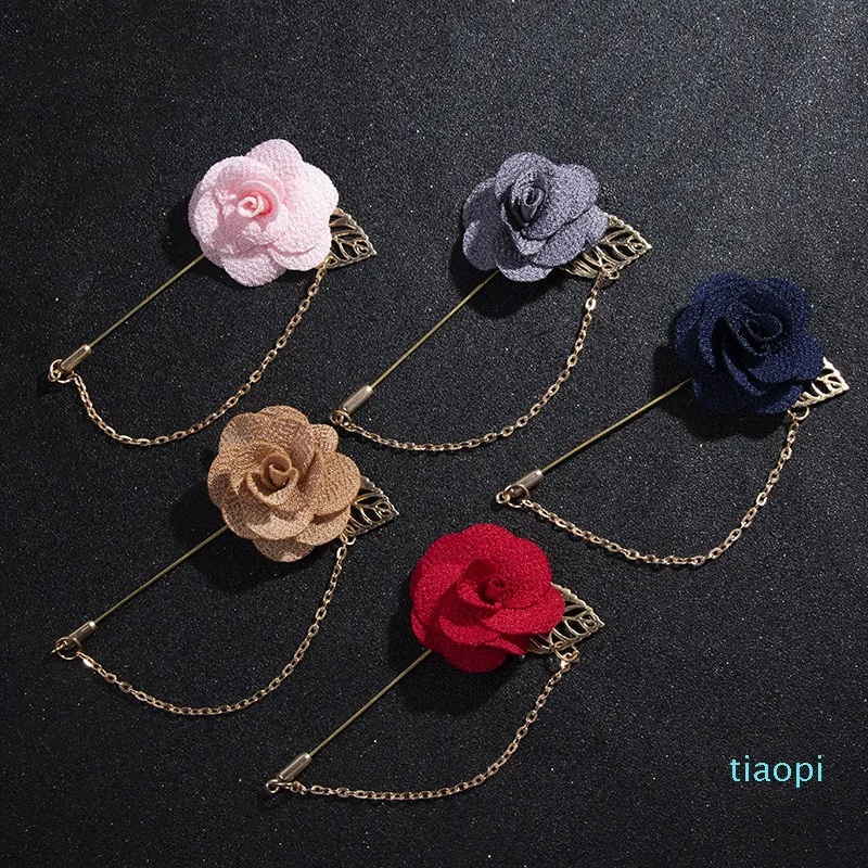 Alloy Electroplate Rose Leaf Brooches Man Suit Overcoat Cloth Pin Buckle Gold Plated Chain Brooch Artificial Flower Party Accessories 1kx P2