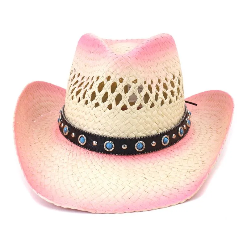 Berets 100 ٪ Weave Straw Women Western Western Cowboy Hat مع شرابة Ribbion Lady Beach Sun Sombrero Cap Mesh Cowgirl Size 58cm