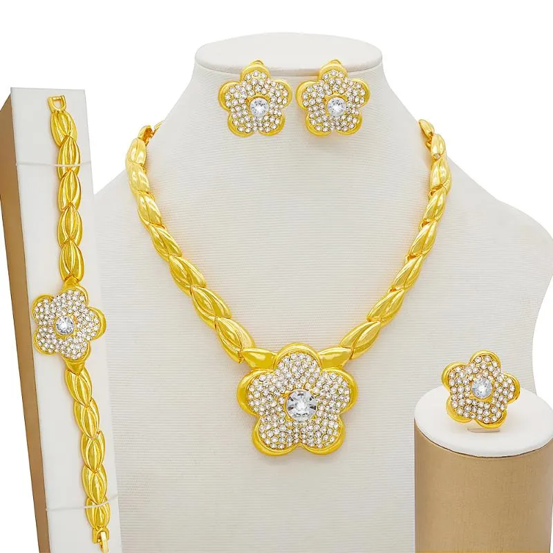 Brincos Colar Gold Color Crystal Jewelry Conjuntos para mulheres Africano Bridal Wedding presentes festa pulseira anel jóias conjunto