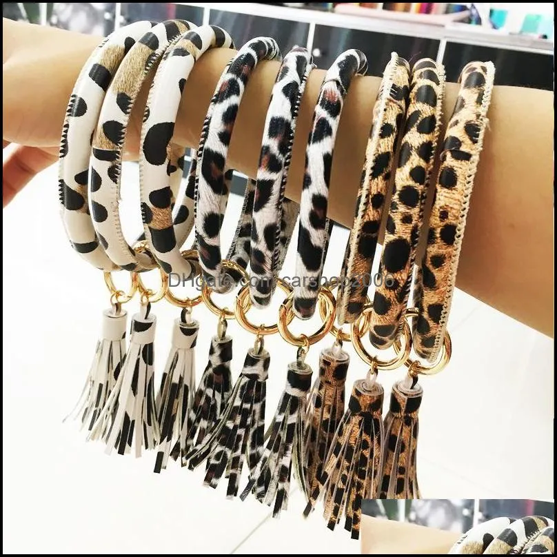 Leopard Print Leather Wrap Bracelet Keyring Chain Tassel PU Leather Bracelets O Key Ring Circle Bangle Wristlet Keychain Jewelry