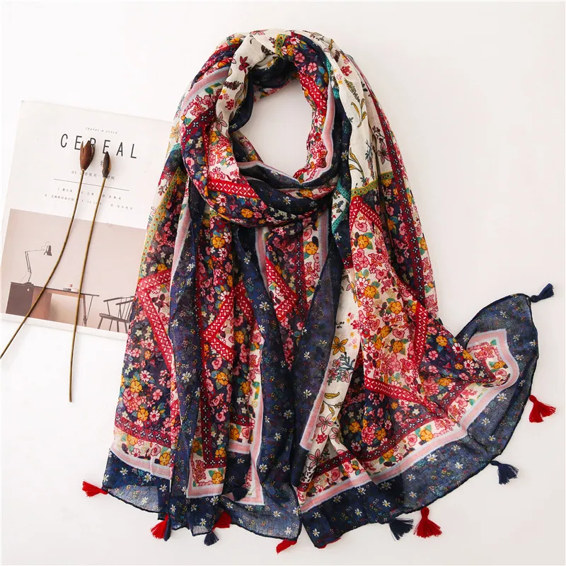 Retro Cashew Flower Cotton and Linen Printed Scarf Romantic Travel Sunscreen Shawl Beach Towel Dual-use