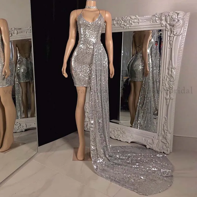 Projektant Silver Sexy Prom Dress Mermaid Krótki Koktajl Afryki Czarne Dziewczyny Wieczorowe Wzierze na imprezę Night