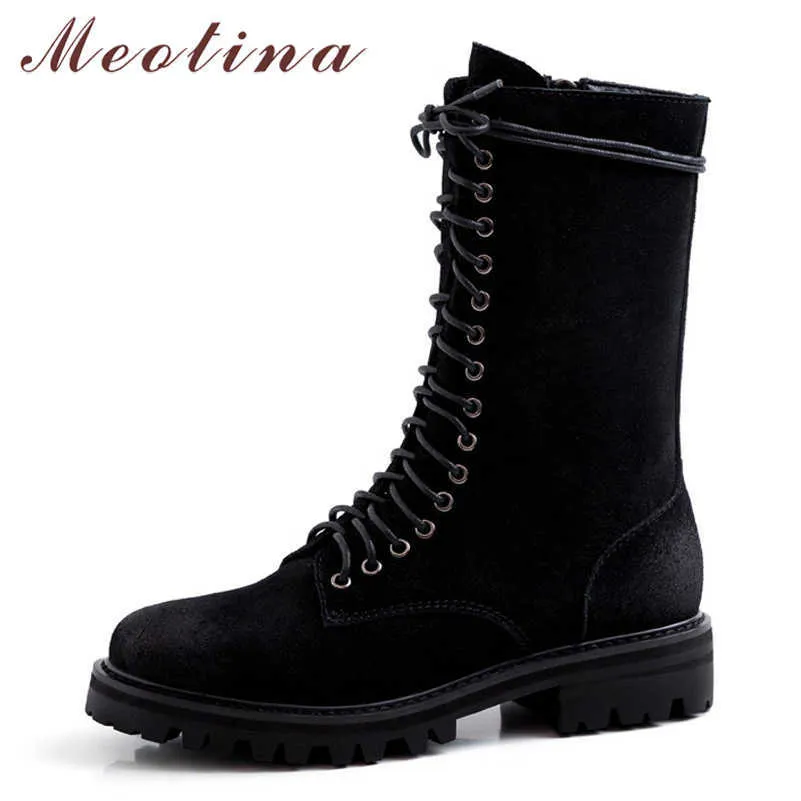 Meotina femmes bottes en cuir véritable bottines en cuir de vache talons épais bottes courtes fermeture éclair bout rond chaussures dame automne taille 39 210608