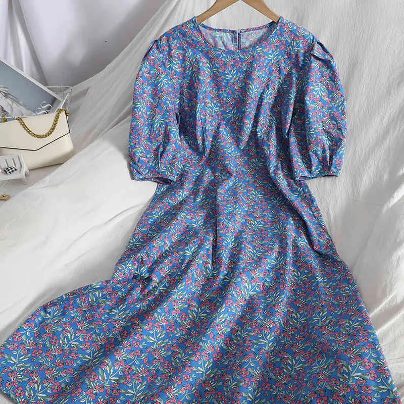 Мода ретро сладкий слоеный рукав цветочные платье весна лето Корейский A-Line Long для женщин MIDI Elegant 210420