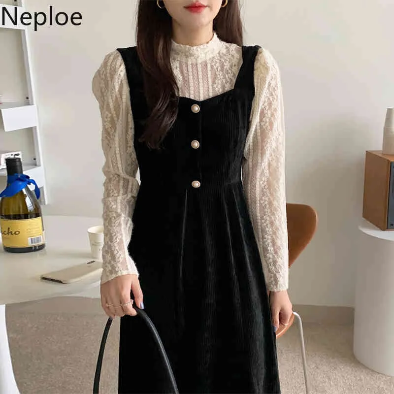 Neploe Elegant Lace Dress Långärmad Svart Klänningar Kvinnor Kläder Koreanska Högt midja Vestidos Vintage Stand Neck Corduroy Robe 210422