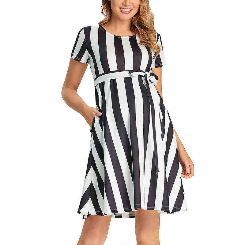 Kvinnor Elegant Maternity Klänning Sommar Kortärmad Slips Striped Graviditet Sommar Casual Midi Flowy Loose Belt Dress med fickor G220309