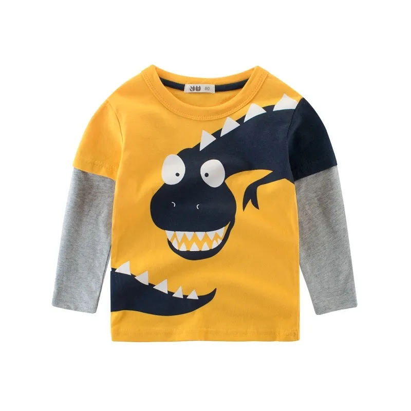 Barnkläder Pojke Casual Bomull Spring Cartoon Dinosaur Print Full Sleeve Kids Boys Toppar O Neck Tees Boys T Shirt 210713