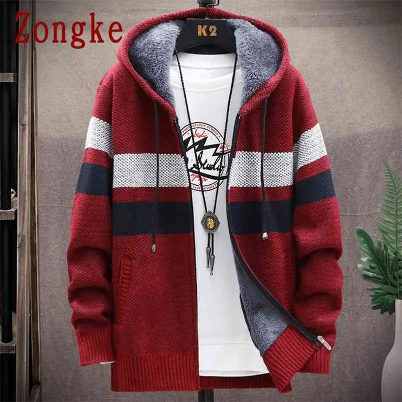 Zongke invierno cardigan suéter hombres abrigos grueso con capucha cardigan hombres suéter rayado ropa para hombre suéteres cardigans m-3xl 210818