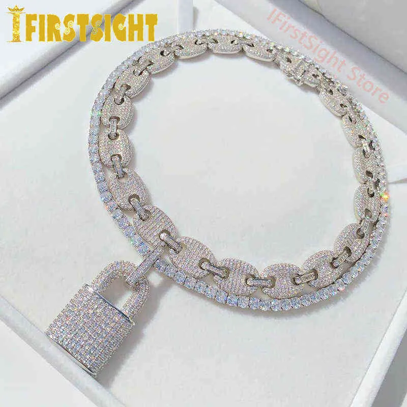 Cor de prata Cz Lock Pingente Colar 5mm Corrente de Tênis Gelado Out Bling Cubic Zircon Charme Gargantilha Para Homens Mulheres Hip Hop Jóias 220121